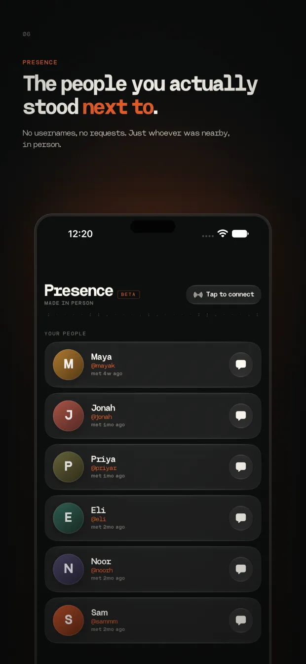 Presence, a short list of people added in person